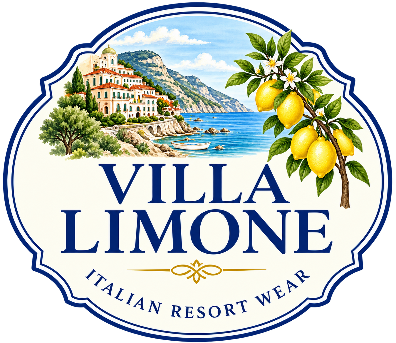 Villa Limone crest with an Italian coastal villa and lemon branches